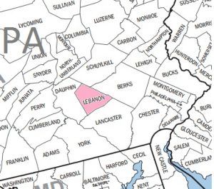 A map showing Lebanon County in Pennsylvania